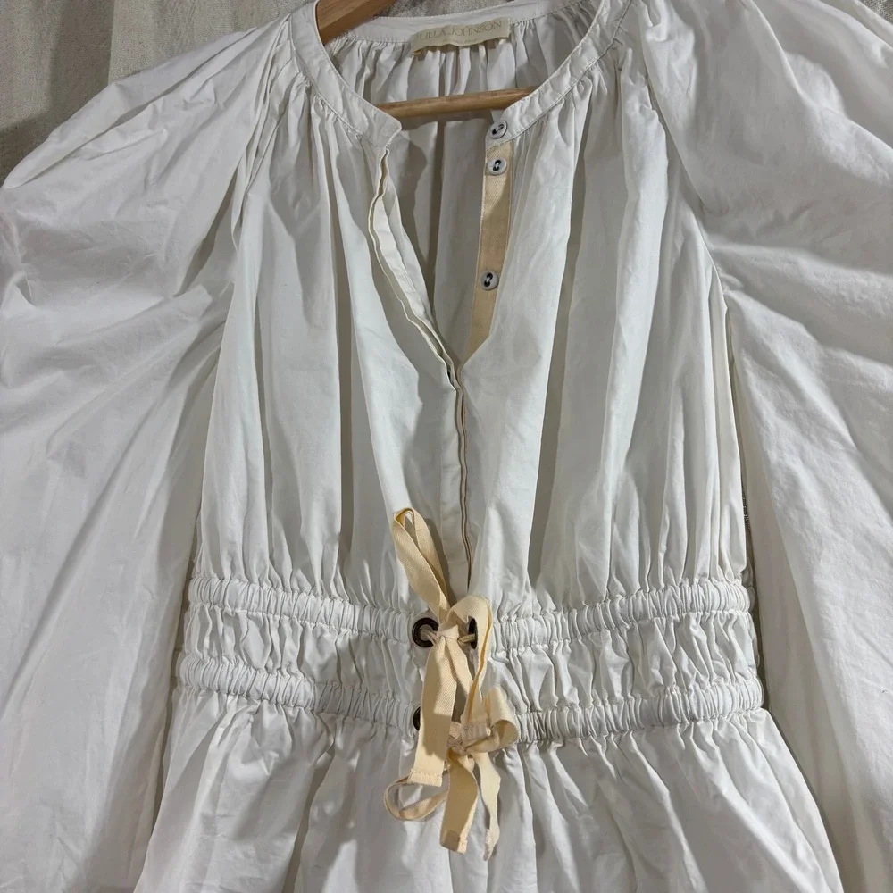 Ulla Johnson Pre-Fall 2022 White Cotton Puff Sleeve Smocked Peplum Blouse 4